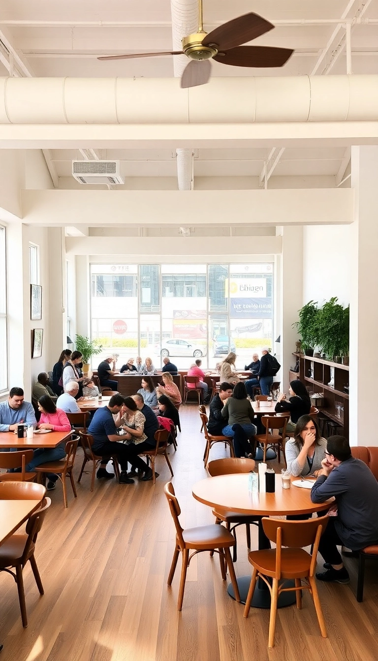 10 Cozy Cafe Interior Ideas That'll Make You Want to Stay All Day! - 7. Open Layout with Community Tables